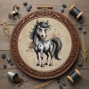 May include: A cross-stitch embroidery hoop featuring a cartoon horse with a gray and white coat, black mane and tail, and large eyes. The horse is centered on a tan fabric, surrounded by a carved wooden frame. Additional elements include small stones, a miniature horse figurine, and spools of thread.