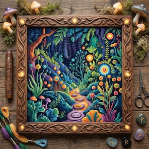 May include: A framed, colorful forest scene with a path, flowers, and mushrooms. The wooden frame has a carved leaf design and small lights. Embroidery floss, scissors, and stones are arranged around the frame on a wooden surface.