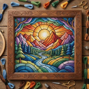 Puede incluir: Un paisaje de punto de cruz enmarcado con una puesta de sol sobre montañas y un río. La obra de arte está en un marco de madera, rodeada de hilo de bordar, tijeras y un dedal. La paleta de colores incluye naranja, amarillo, azul, verde y morado.