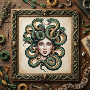 Può includere: Opera d'arte incorniciata raffigurante Medusa con serpenti verdi e dorati al posto dei capelli. La cornice ornata presenta un elaborato motivo a serpente. Materiali da cucito, tra cui filo e forbici, circondano l'opera su una superficie di legno.
