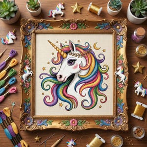 May include: A framed cross-stitch of a unicorn with a golden horn, rainbow mane, and floral accents. The gold frame is ornate, surrounded by miniature unicorn figurines, gold stars, and spools of thread. The theme is fantasy and crafting.