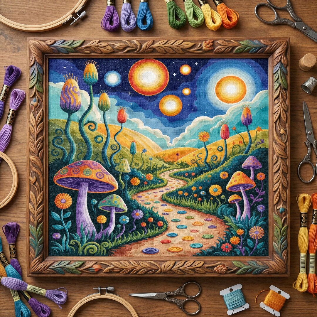 Cosmic Mushroom Path Cross Stitch Pattern: Fantasy Landscape Embroidery ...