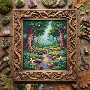 May include: A framed cross-stitch landscape depicting a forest scene with a stream, trees, and butterflies. The frame is made of carved wood with a detailed design. The scene is surrounded by embroidery floss, crystals, acorns, and leaves.