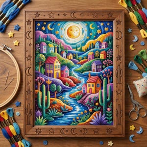 May include: A colorful framed artwork depicts a whimsical village scene under a starry night sky with a large moon. The wooden frame is decorated with stars, moons, and cactus shapes. Embroidery floss, buttons, and a hoop surround the artwork.