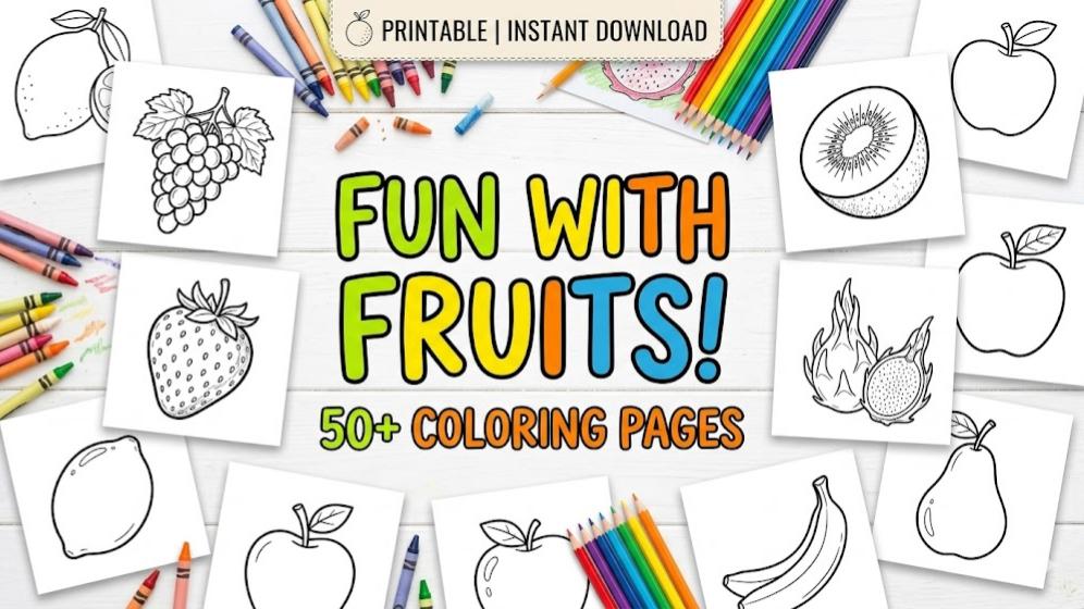 50+ Fruits Coloring Pages for Kids Printable PDF Bundle | Easy Toddler ...