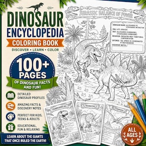 以下が含まれることがあります： 100ページ以上の恐竜の事実が掲載されたDinosaur Encyclopedia塗り絵。表紙にはアロサウルスとステゴサウルスのイラストが描かれており、ティラノサウルス・レックス、トリケラトプス、プテラノドンの小さな挿絵も含まれています。