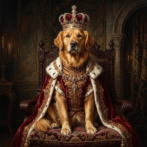 May include: A golden retriever dog sitting on a dark wooden throne, wearing a jeweled gold crown and a deep red velvet royal cape with gold embroidery and white faux fur trim, featuring a decorative gold chain with colorful gemstones.