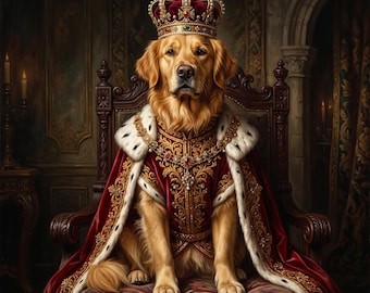 Custom Pet Portrait, Royal Dog King, Personalized Cat Painting (Digital Download)