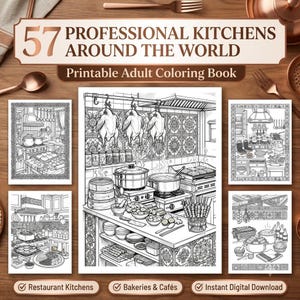 Puede incluir: Un libro para colorear para adultos imprimible titulado 57 Professional Kitchens Around The World, que presenta cinco ilustraciones de arte lineal en blanco y negro de varios interiores de cocina, equipos de cocina, aves colgantes y escenas de preparación de alimentos.