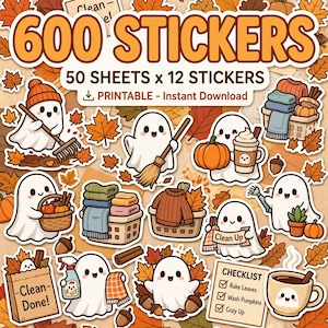 Può includere: Una collezione di 600 adesivi stampabili su 50 fogli con fantasmi dei cartoni animati che svolgono attività autunnali. Gli adesivi includono testo come 600 STICKERS, 50 SHEETS x 12 STICKERS, Clean Up, Clean Done e una lista con Rake Leaves, Wash Pumpkins e Cozy Up.
