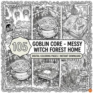 May include: A collection of 105 black and white digital coloring pages featuring detailed illustrations of a witch forest home, including cauldrons with frogs, open spell books with plants, and cluttered rooms with hanging herbs and jars.