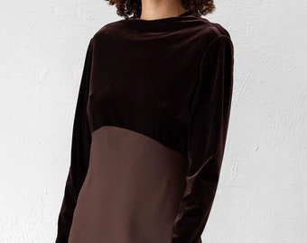 Velvet Long Sleeve Dark Brown Maxi Dress (M)