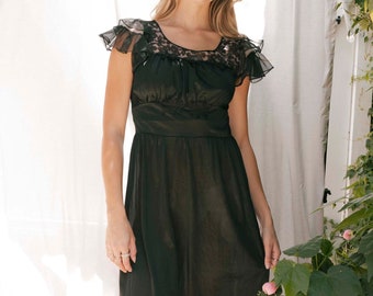 Vintage black slip dress with flutter sleeve and lace detail