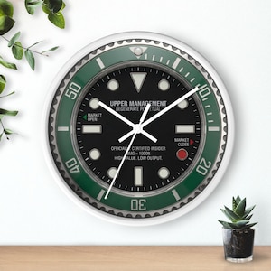 May include: A round wall clock with a black face and a green rotating bezel. The dial features white hour markers, three white hands, and text reading UPPER MANAGEMENT, DEGENERATE PERPETUAL, MARKET OPEN, MARKET CLOSE, and HIGH VALUE. LOW OUTPUT.