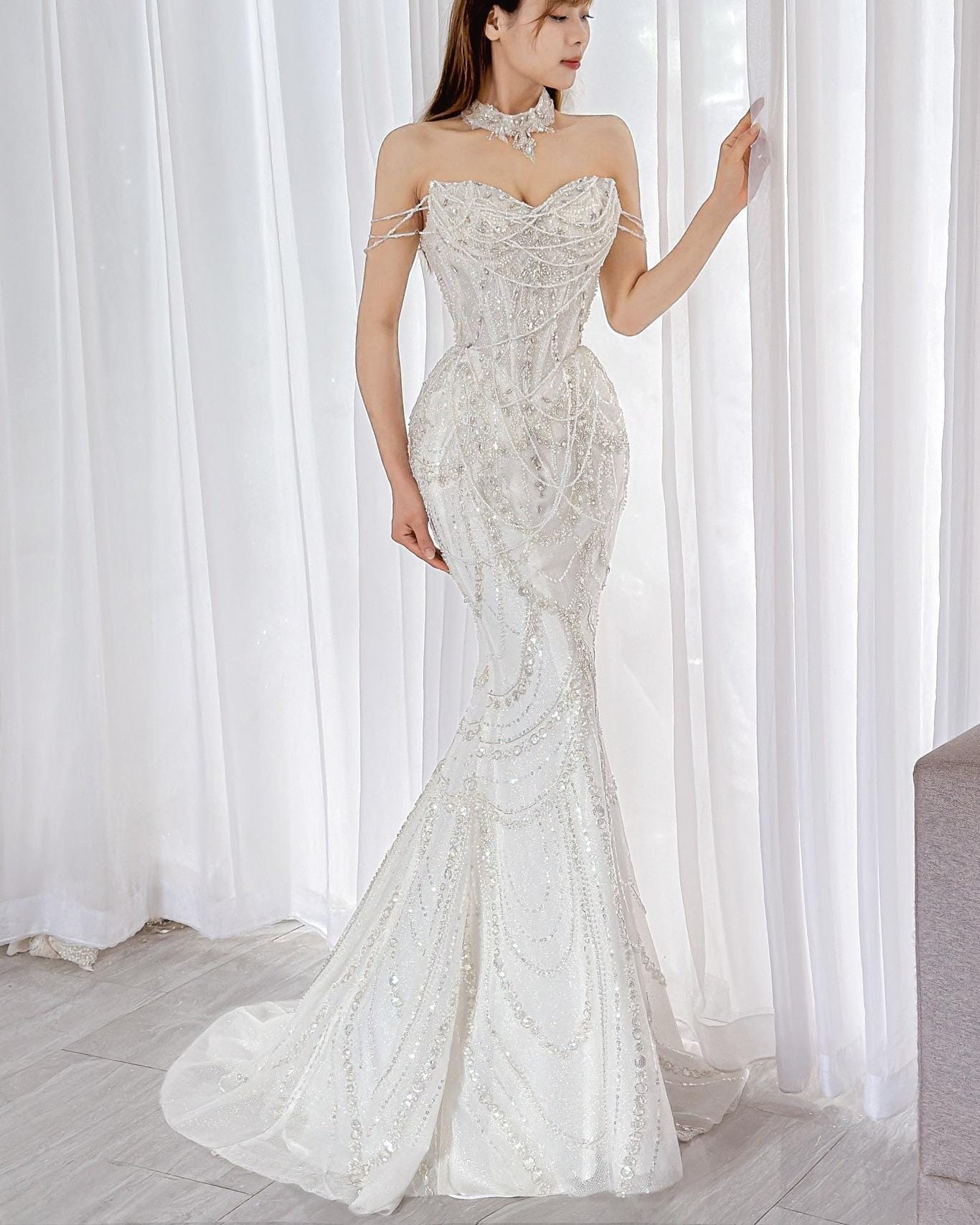 Rhinestones Mermaid White Wedding Dress - Etsy Rhinestones Mermaid White Wedding Dress - Etsy