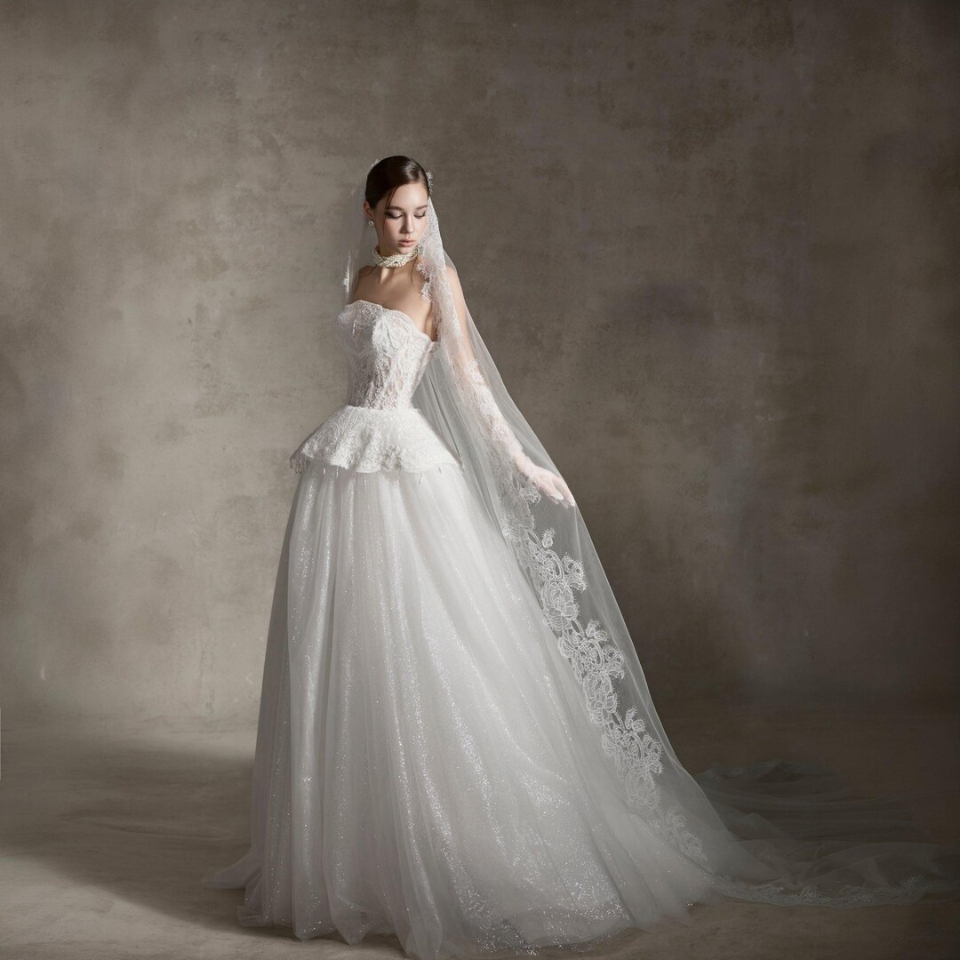 wedding dress with peplum skirt Vintage Peplum Wedding Dress With Shimmering Tulle Skirt, Lace Corset  Bridal Gown