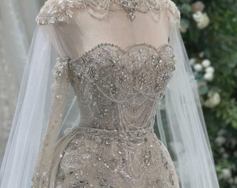 Luxury Beaded Mermaid Wedding Dress with Detachable Cape Veil – Sparkling High Neck Bridal Gown