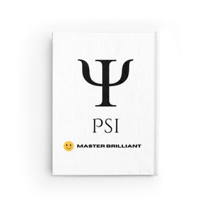 May include: A white journal with the Greek letter Psi in black, the word "PSI" below it, and the text "MASTER BRILLIANT" with a smiley face. The journal has a clean, minimalist design.