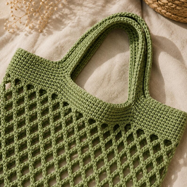 Close-up macro detail of handmade crochet mesh tote bag showing intricate stitch texture, open mesh design, sturdy crochet handle, and realistic cotton yarn detail.