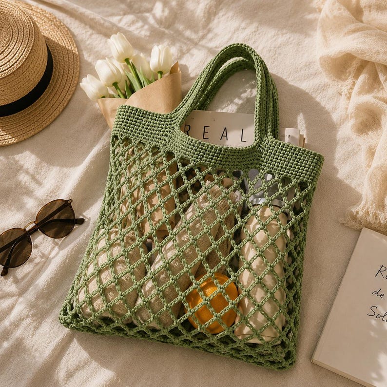 Styled flat lay of handmade crochet mesh tote bag with sunglasses, book, dried flowers, and neutral fabric background in warm natural lighting.