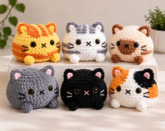 Schema per realizzare un amigurumi di un gatto paffuto all'uncinetto, un peluche a forma di pagnotta (download in PDF)