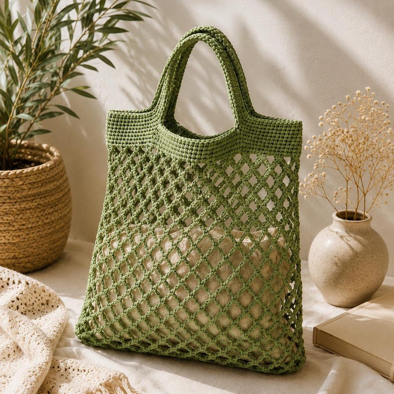 Realistic handmade sage green crochet mesh tote bag displayed in a cozy neutral home interior with soft natural sunlight, ceramic decor, and premium Etsy lifestyle styling.