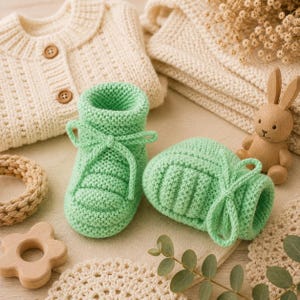 Puede incluir: Un par de patucos de punto en color verde claro con textura acanalada y cordones a juego. Los patucos se muestran junto a una rebeca de punto color crema, una figura de conejo de madera, un juguete de madera con forma de flor y un anillo beige.