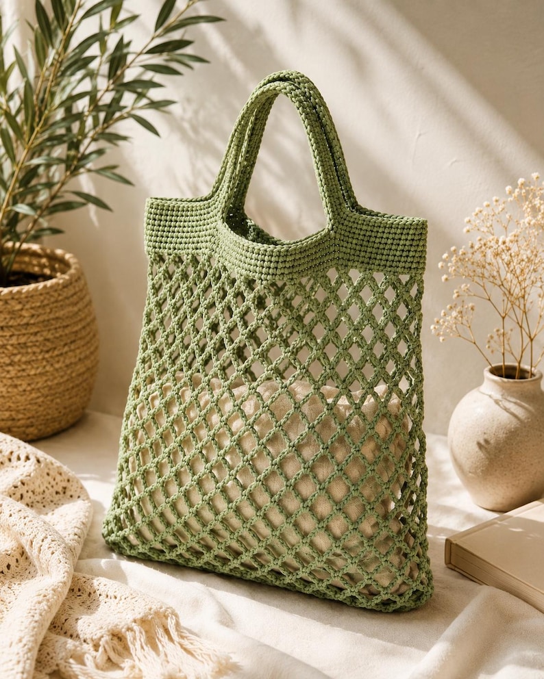 Handmade sage green crochet mesh tote bag hanging on wooden chair in cozy minimalist interior with warm sunlight and natural home decor styling.