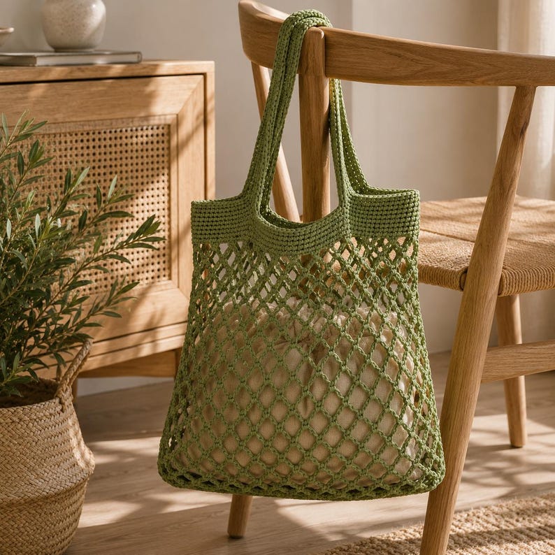 Puede incluir: Una bolsa de red verde tejida a ganchillo cuelga de una silla de madera. La bolsa tiene forma rectangular con un dise&ntilde;o de red tejida y asas resistentes. La bolsa est&aacute; llena de tela de color claro, ideal para ir de compras.