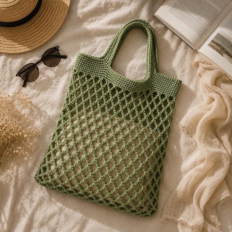 Crochet mesh tote bag filled with everyday essentials including flowers, book, and accessories showing spacious capacity in realistic Etsy product photography.