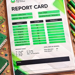 May include: A report card from Rimberio High School for John Doe, with grades in subjects like Arts, Computer, and English. The grading period is Semester 1, 2024. The card is on a clipboard with pens and pencils.