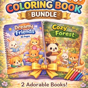Puede incluir: Un "Paquete de Libros para Colorear Cozy" con dos libros: "Dreamy Friends" y "Cozy Forest". Las portadas muestran ilustraciones de animales adorables. El paquete incluye más de 75 páginas de diversión relajante. Un lazo amarillo y lápices de colores también son visibles.