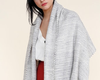 Grid Handwoven Wool Shawl Wrap, Grey Cream oversized scarf & Natural organic and sustainable pure merino wool Wedding Stole