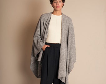 Felt Wrap Merino Wool Ruana in Grey Melange, Oversize Sweater wrap by Texturable
