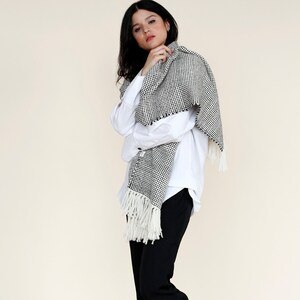 Handwoven wrap merino Wool, Black and White organic shawl image 2