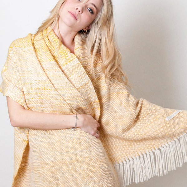 Mustard Hand woven scarf, Merino wool handspun yarn, Cosy wrap, Fall Eco fashion by Texturable