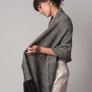 Plaid blanket scarf, Autumn Merino Wool Scarf, Long Black and White Hand Woven Fringed Shawl Wrap Eco Fashion
