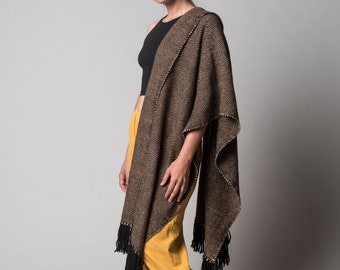 Large wool scarf blanket wrap, Golden fall poncho scarf, Black Camel Handwoven wool shawl