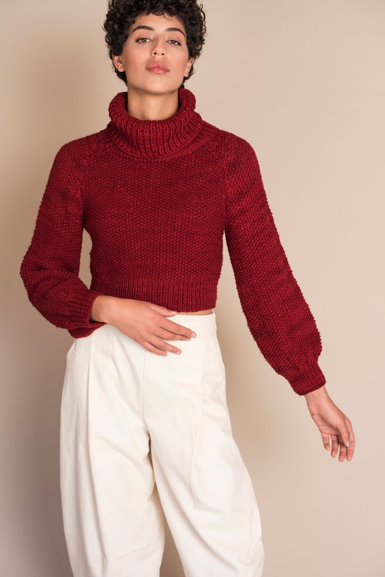 Turtleneck Red Knit Sweater High Neck Cropped Pullover Etsy