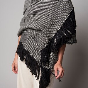 Plaid blanket scarf, Autumn Merino Wool Scarf, Long Black and White Hand Woven Fringed Shawl Wrap Eco Fashion image 4