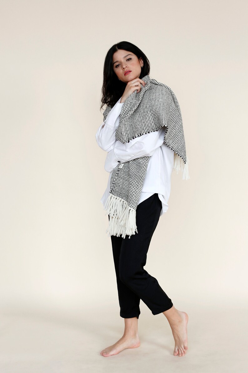 Handwoven wrap merino Wool, Black and White organic shawl image 2