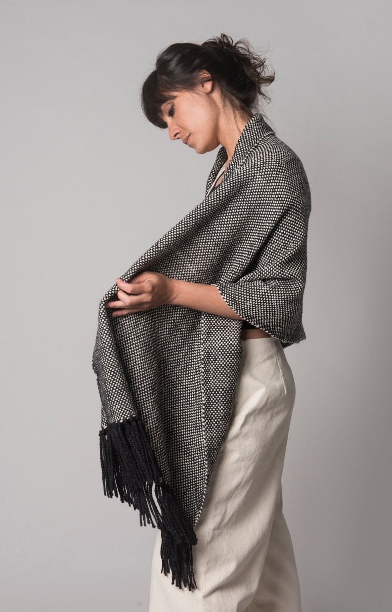 Plaid blanket scarf, Autumn Merino Wool Scarf, Long Black and White Hand Woven Fringed Shawl Wrap Eco Fashion image 1