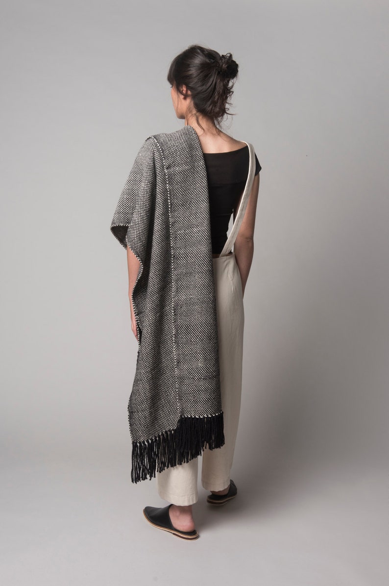 Plaid blanket scarf, Autumn Merino Wool Scarf, Long Black and White Hand Woven Fringed Shawl Wrap Eco Fashion image 3