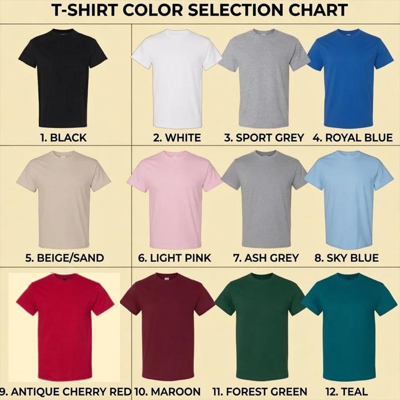 Puede incluir: Una tabla de selecci&oacute;n de colores de camisetas que muestra doce camisetas de manga corta y cuello redondo en varios colores numeradas del 1 al 12: Negro, Blanco, Gris deportivo, Azul real, Beige/Arena, Rosa claro, Gris ceniza, Azul cielo, Rojo cereza antiguo, Granate, Verde bosque y Verde azulado.