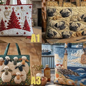 May include: A set of four quilted tote bags. The bags feature various designs: a Christmas tree, pugs, sheep, and a coastal scene with a lighthouse. Each bag has a unique color palette and design, with sturdy handles.