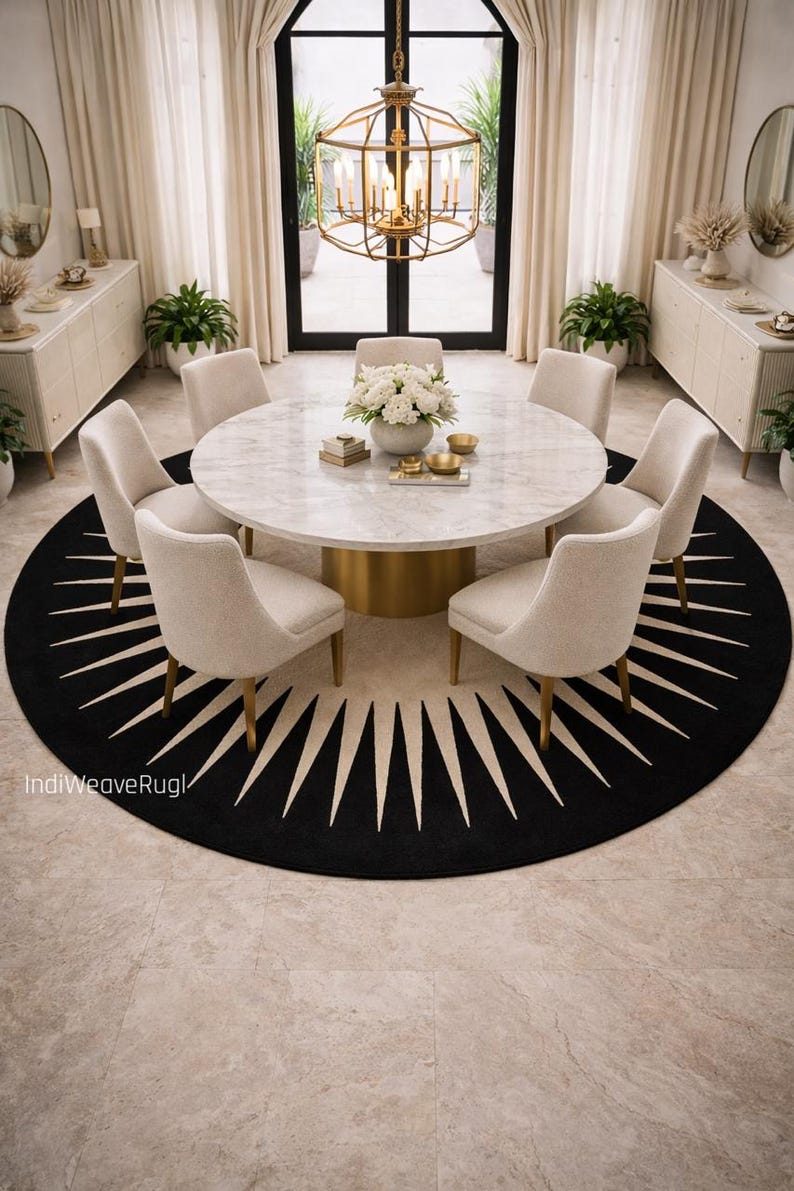 hand tufted wool round rug abstract sunburst design