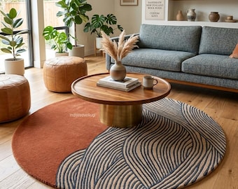 Hand Tufted New Zealand Wool Rug, Round Abstract Terracotta Beige Rug, Modern Wave Design Area Rug, Minimalist Plush Carpet Living Room Deco
