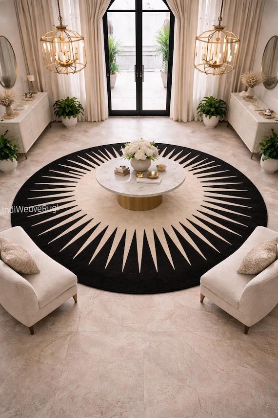 Hand Tufted Wool Sunburst Rug, Modern Abstract Circle Carpet, Black Beige Living Room Statement