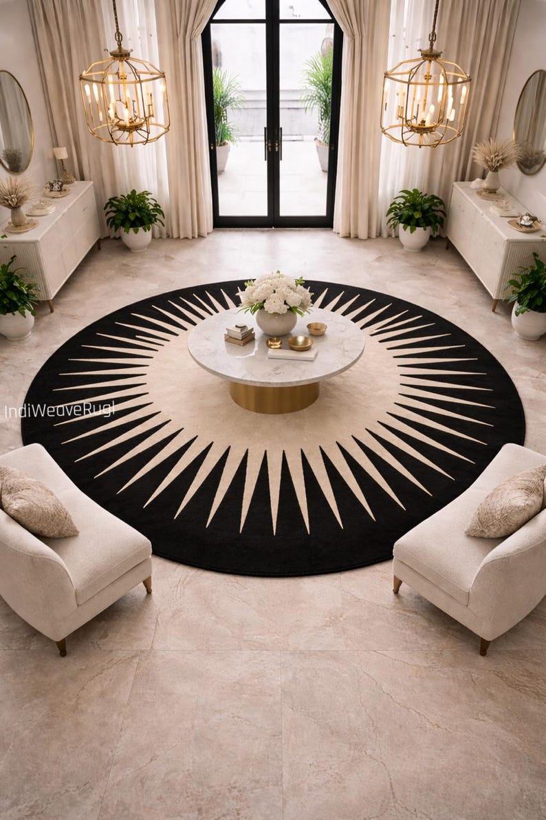 round black beige sunburst rug in modern living room decor