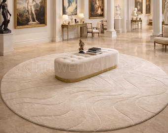 Handmade Tufted New Zealand Wool Round Rug | Luxury Cream Area Rug | Modern Minimal Living Room Carpet